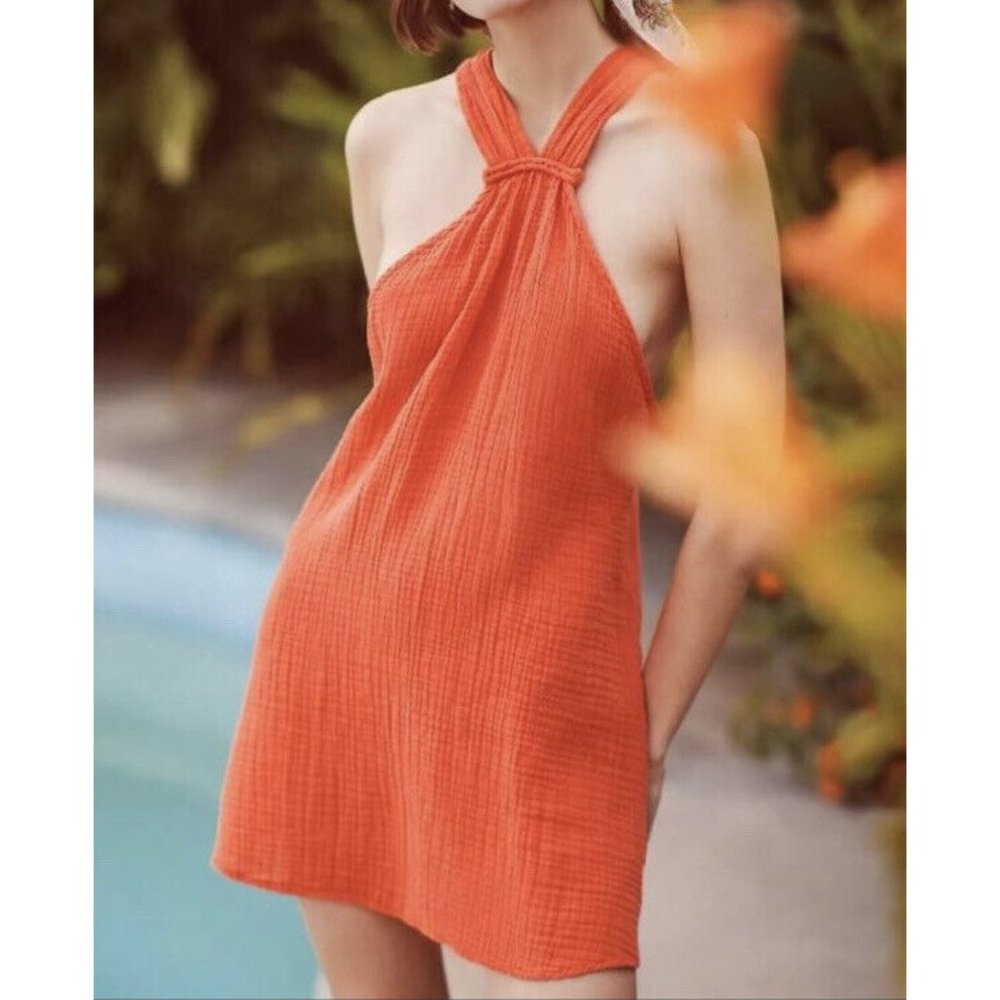 Anthropologie Braided Halter Mini Sun Dress Orange XL New NWT 100% Cotton RARE